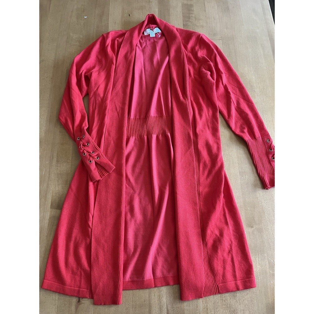 Magaschoni Women Cardigan Size XS Red Open Front Tie Sleeve Luxury Knit Sweater